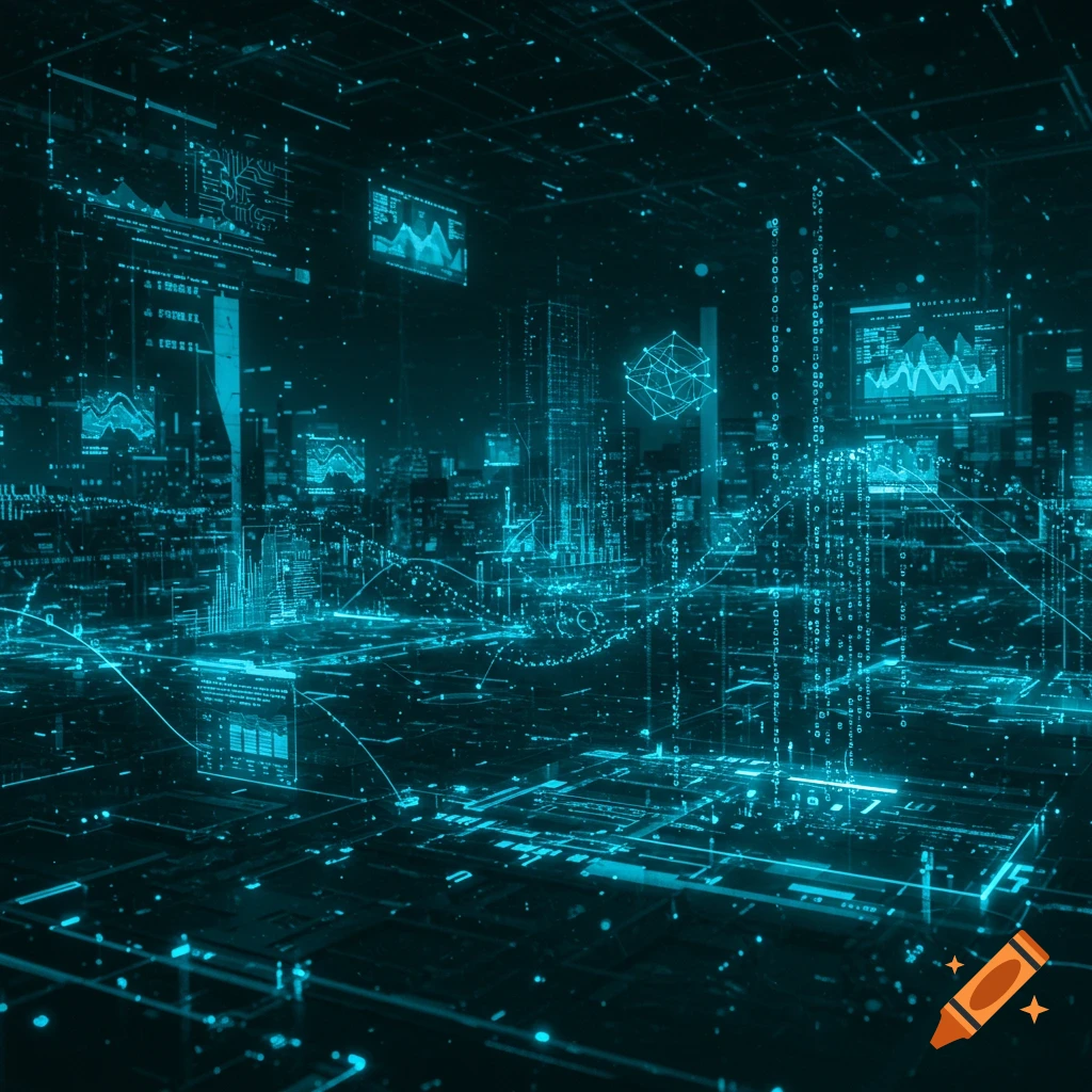 A glowing teal digital city landscape with integrated circuit board patterns, data streams, and holographic screens, depicting a futuristic technological environment.