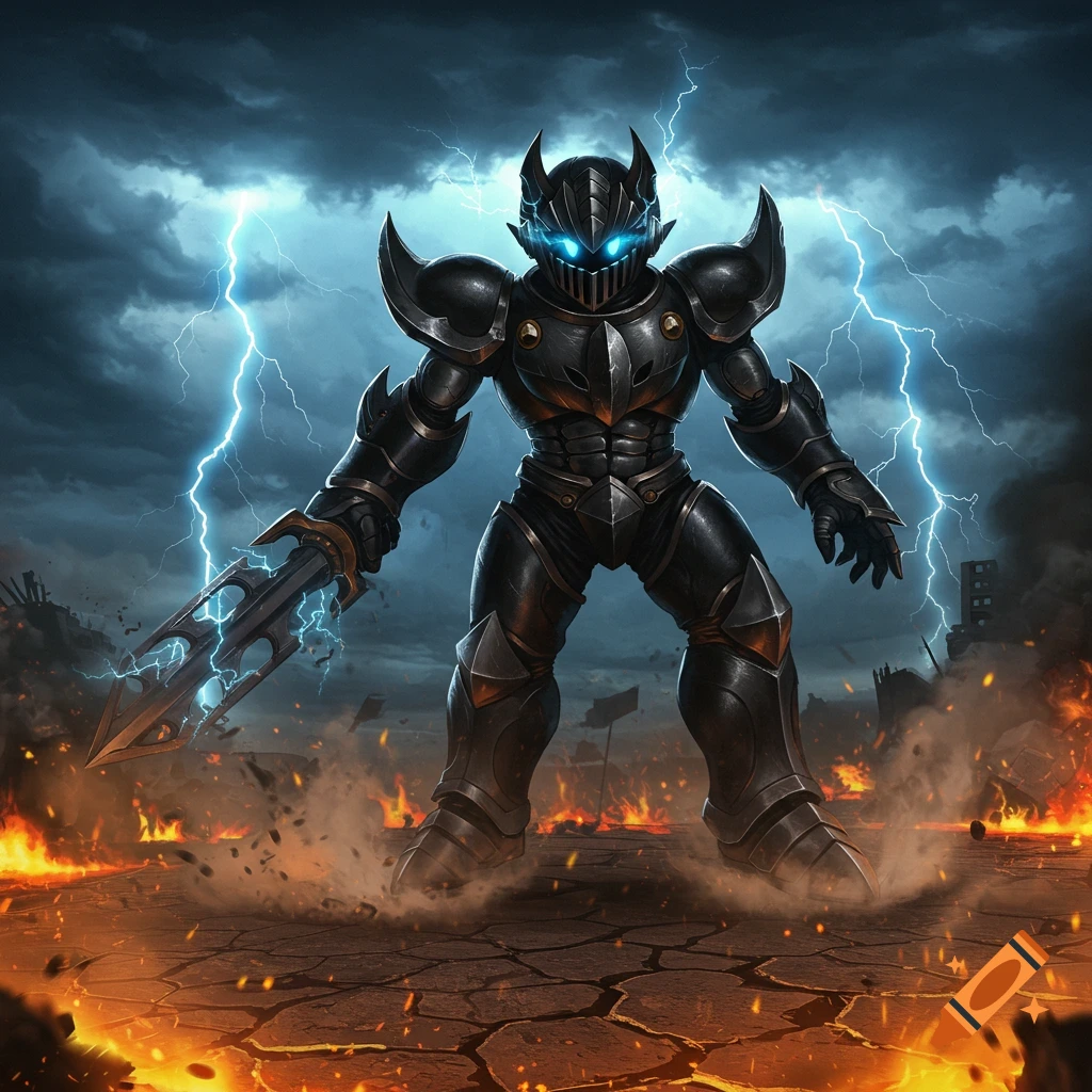 Dark armored knight with glowing blue eyes stands on fiery ground under a stormy, lightning-filled sky, holding a glowing sword.