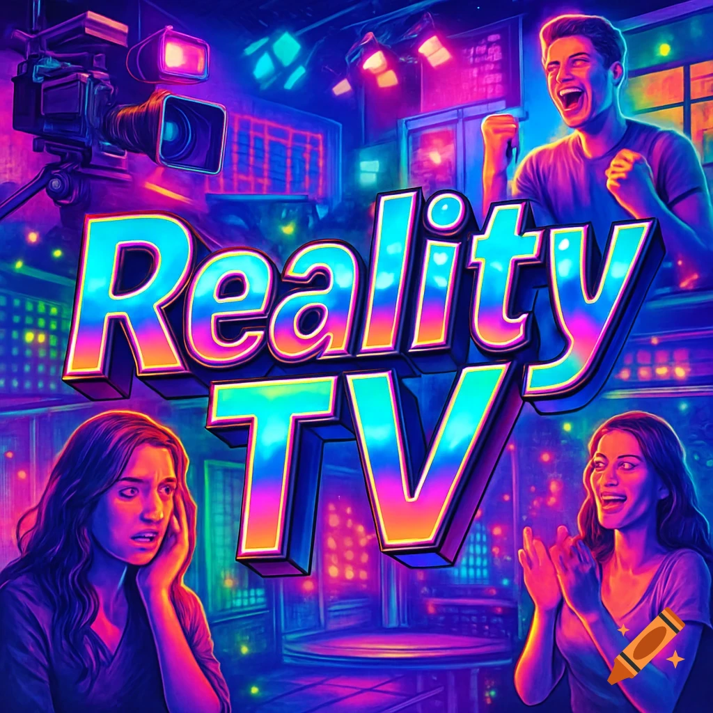 A vibrant, neon-lit illustration for "Reality TV" with a camera, a stage, and three expressive people reacting: a man cheering, a woman shocked, and another woman clapping.