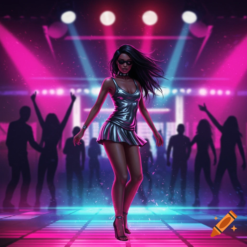 A woman in a metallic silver dress and sunglasses dances under pink and blue lights in a vibrant nightclub.