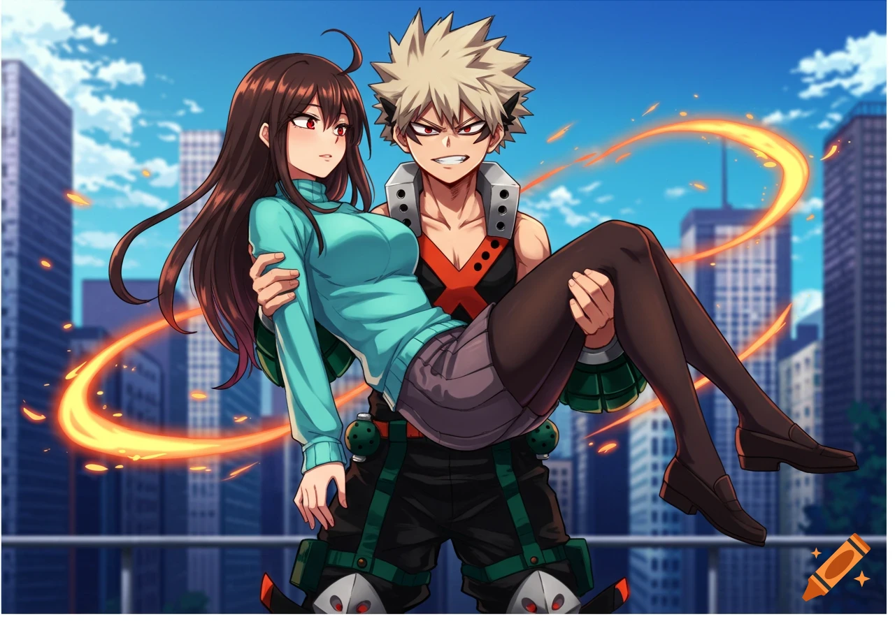 Anime illustration of Bakugo carrying a brown-haired girl in a cyan sweater, set in a city with fiery effects.