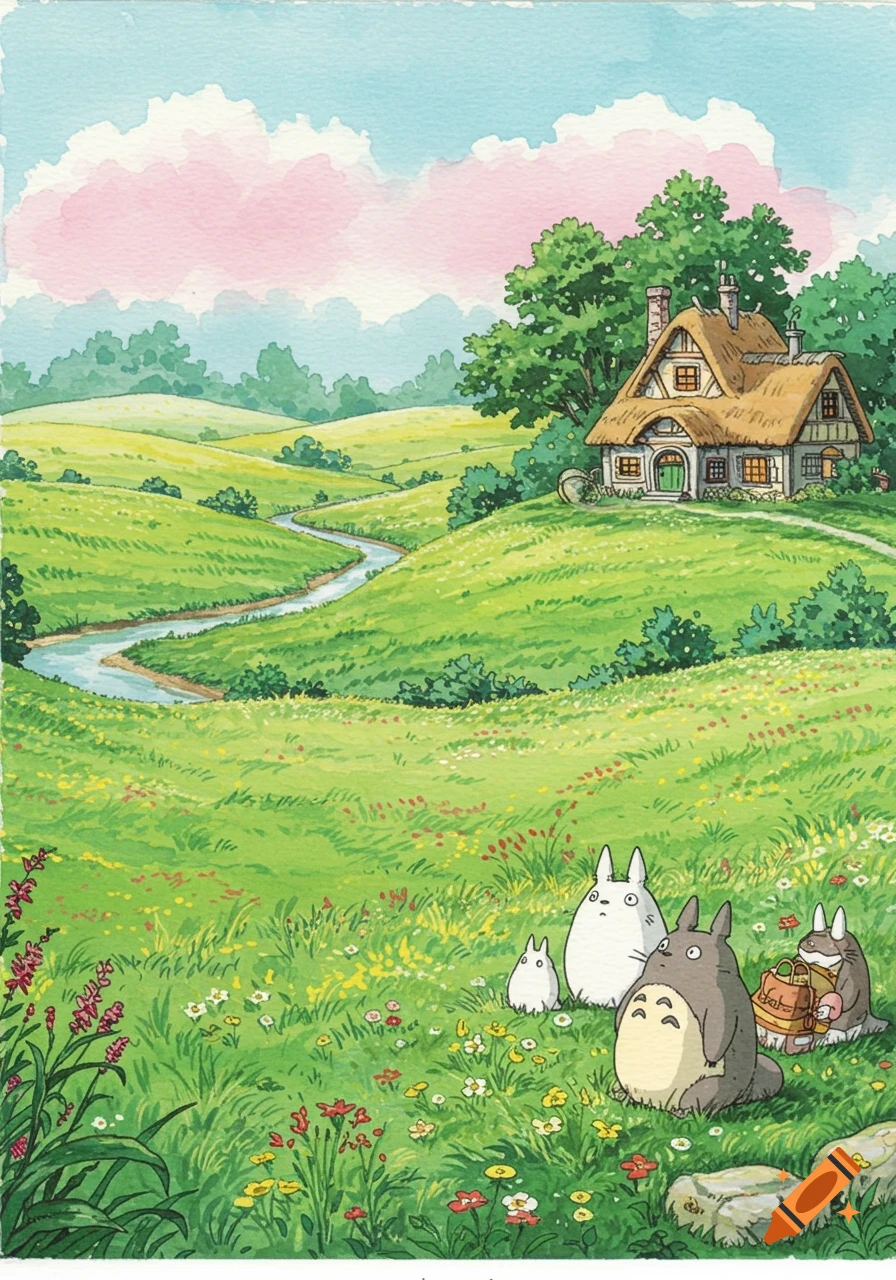 A watercolor illustration in Ghibli style depicting a rolling green landscape, a house, a winding river, and three Totoro-like creatures.