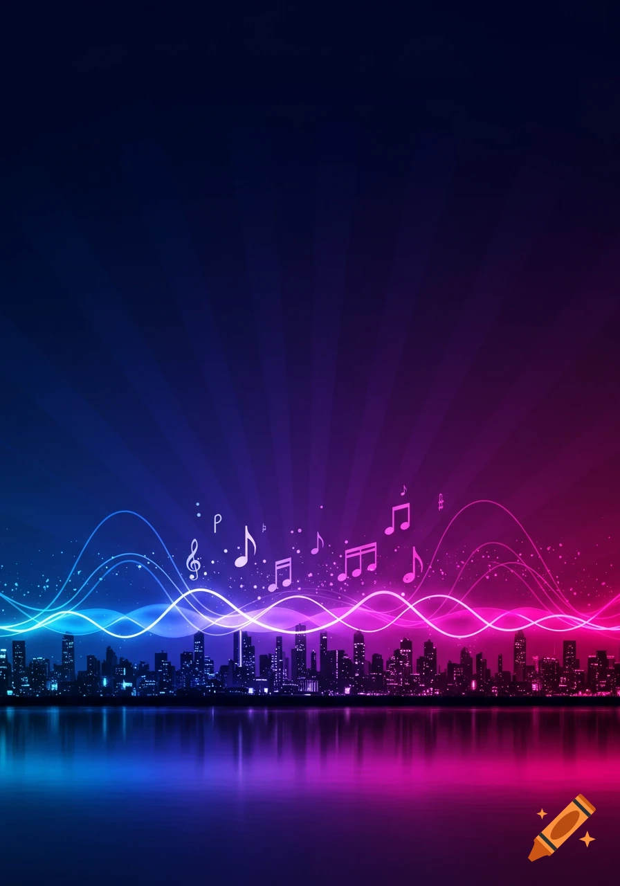 Neon blue and pink cityscape silhouette over water with glowing musical notes and sound waves.