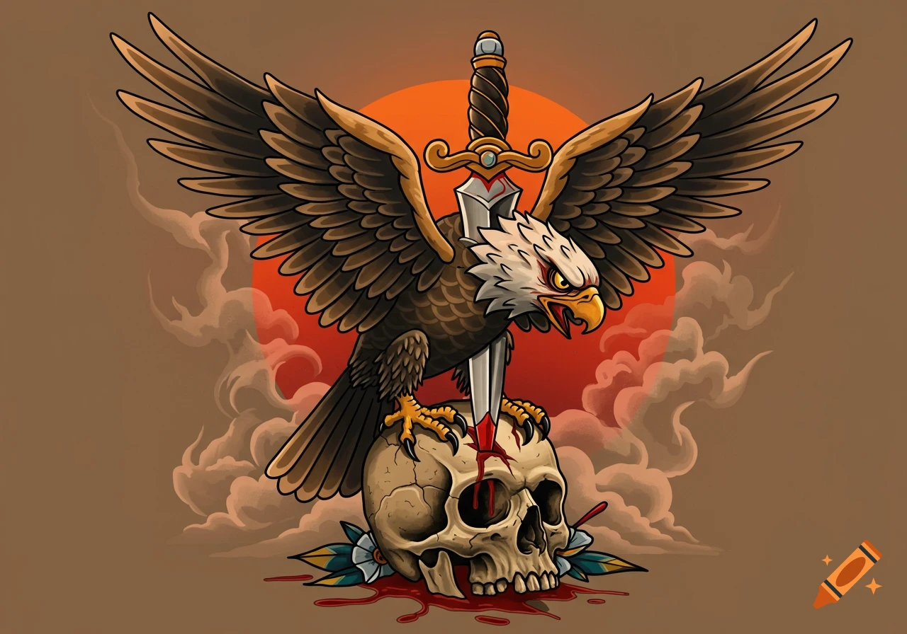 American traditional tattoo art: an eagle with spread wings, a dagger piercing its body into a skull with blood.