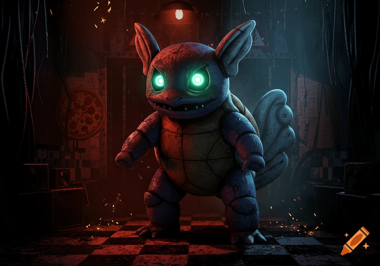 A creepy animatronic Wartortle with glowing green eyes stands in a dark, dilapidated room with red lighting.