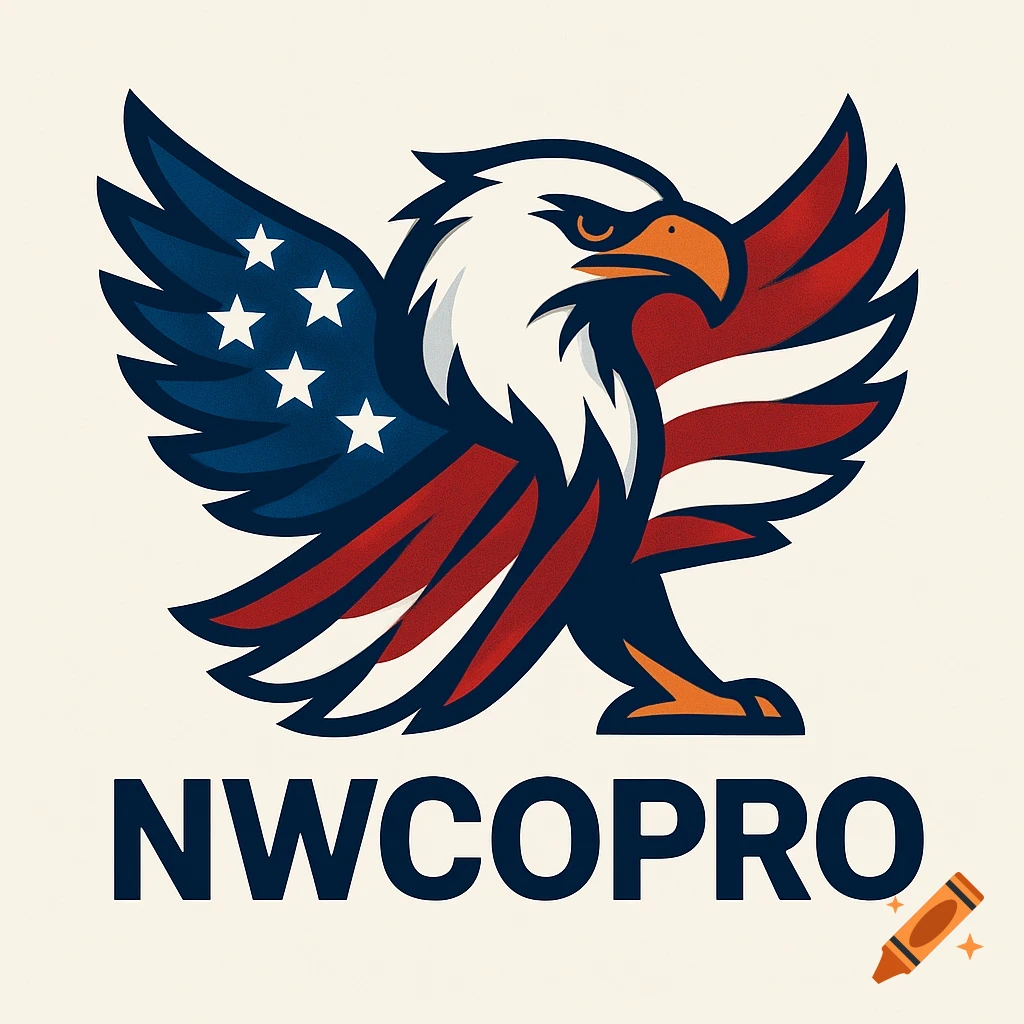 Stylized logo of an eagle with its wings spread, featuring American flag colors and stars, above the word NWCOPRO.