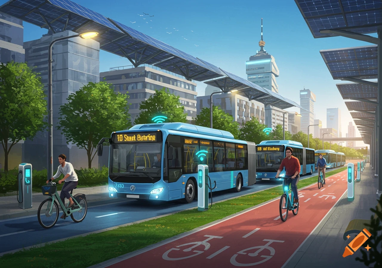 A vibrant illustration of a smart city with electric buses, solar panels, charging stations, and people cycling on dedicated bike lanes.