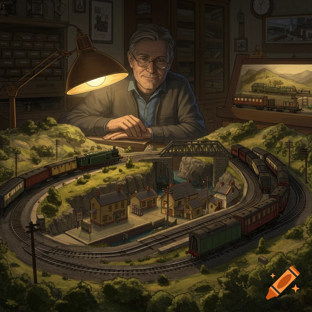 An older man with glasses smiles, leaning over a detailed model train set in a dimly lit room, illustrated.