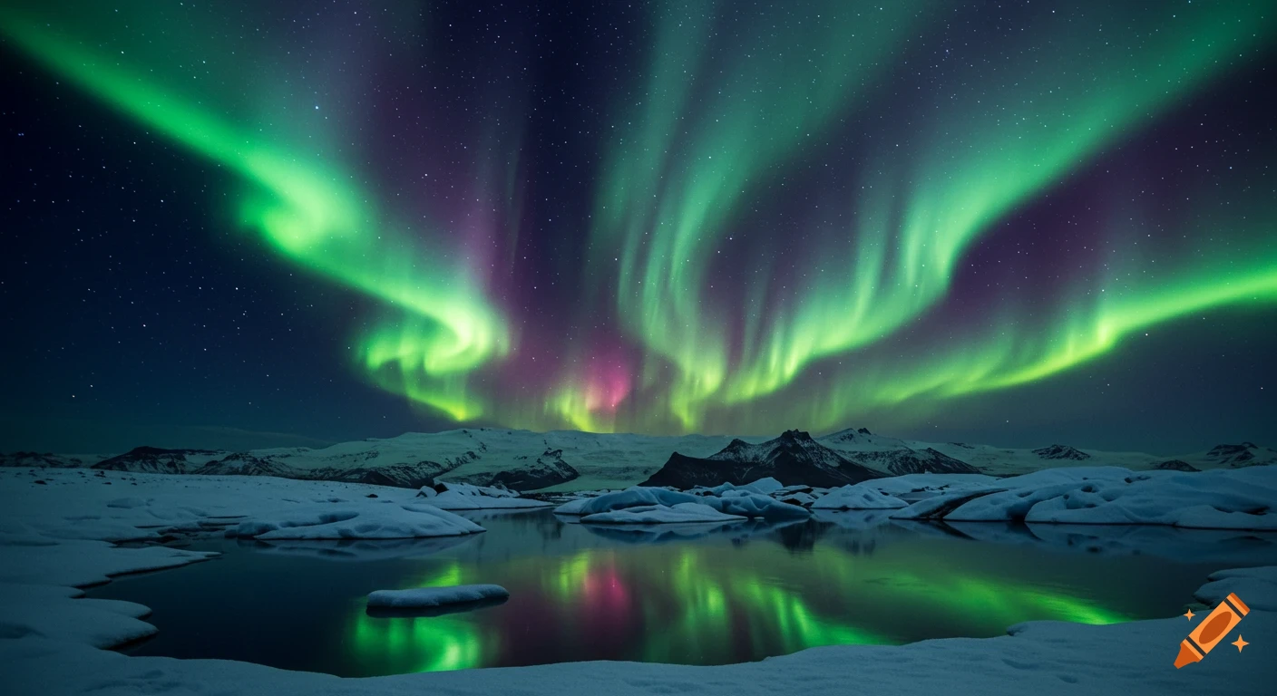 Vibrant green and purple Northern Lights illuminate a snowy landscape with ice formations reflected in a still lake at night.