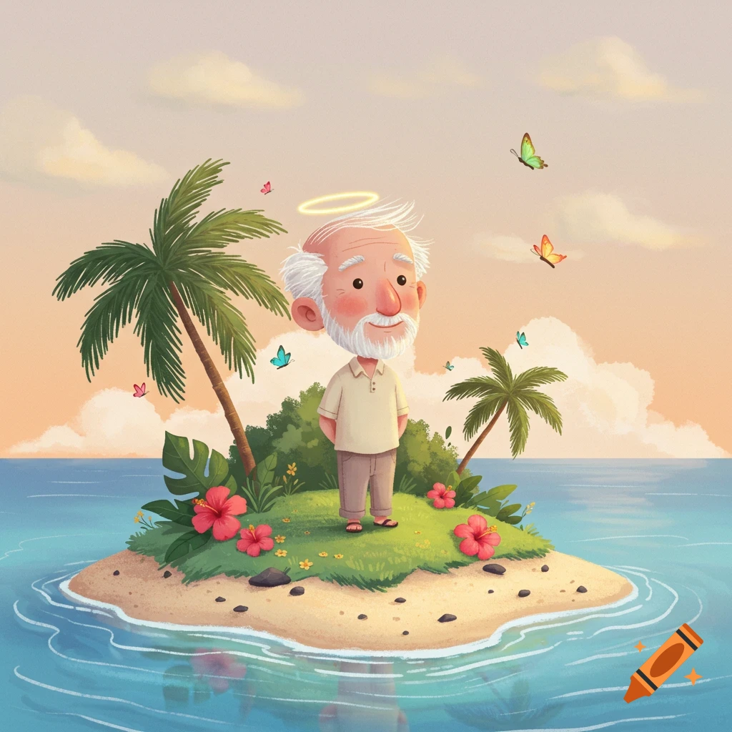 A cute cartoon old man with a halo stands on a small tropical island with palm trees and flowers, surrounded by butterflies.