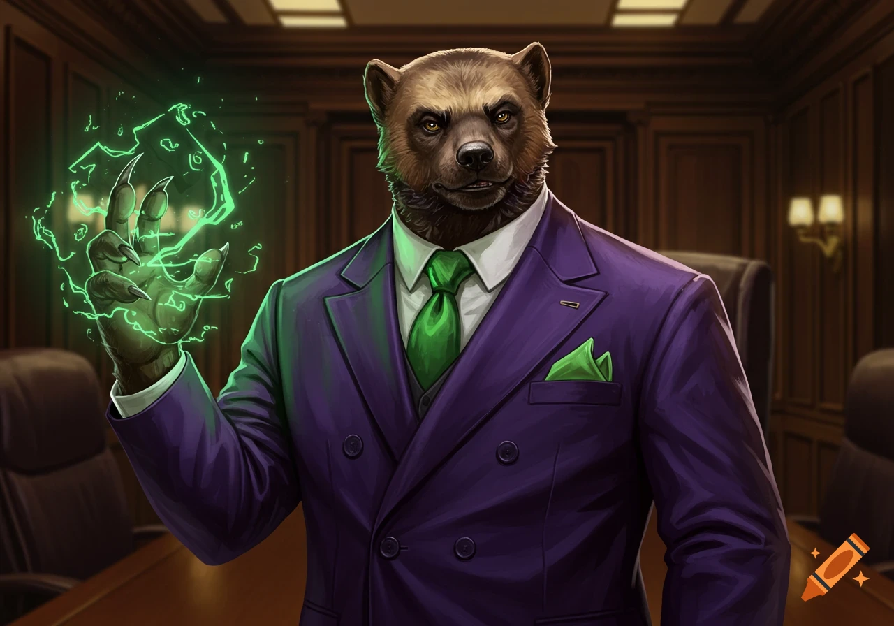 An anthropomorphic wolverine in a purple business suit with a green tie casts a green spell from his clawed paw in an office.
