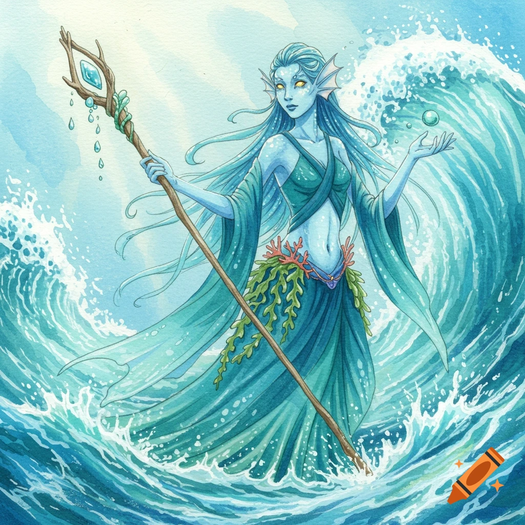 Watercolor illustration of a blue-skinned female water genasi with long flowing hair, standing in crashing waves, holding a staff.