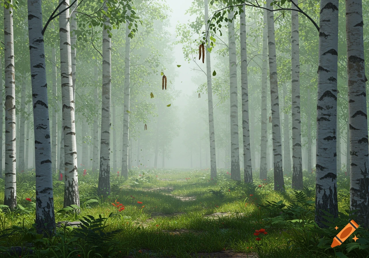 A path winds through a misty birch forest with white-barked trees, green foliage, and red flowers on the forest floor, bathed in soft light.