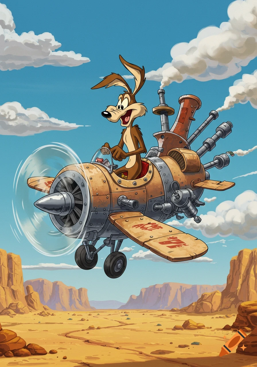Wile E. Coyote pilots a steampunk-style airplane over a desert landscape with mesas and blue skies in a cartoon art style.
