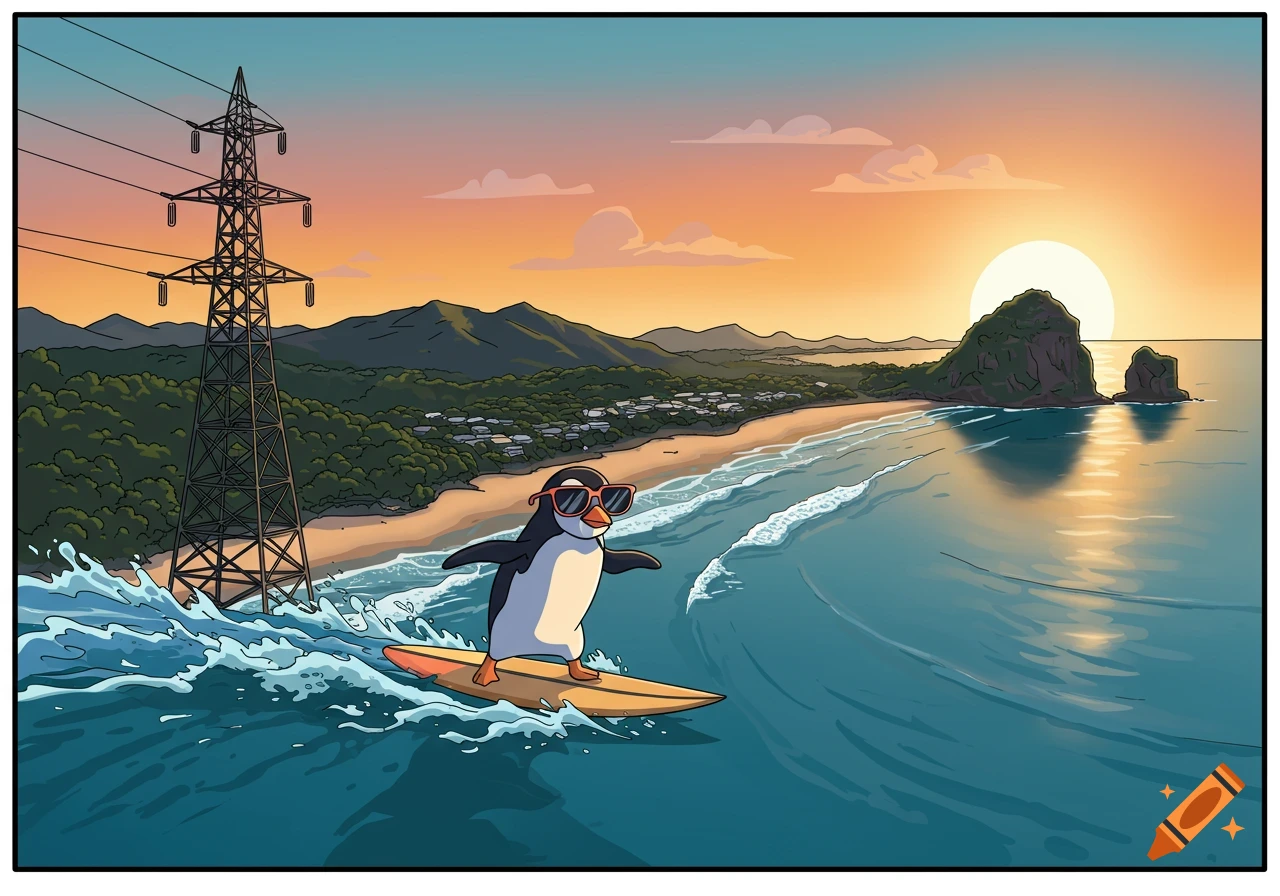 A cartoon penguin in sunglasses surfs a wave at sunset near a beach with a transmission mast and rock formations.