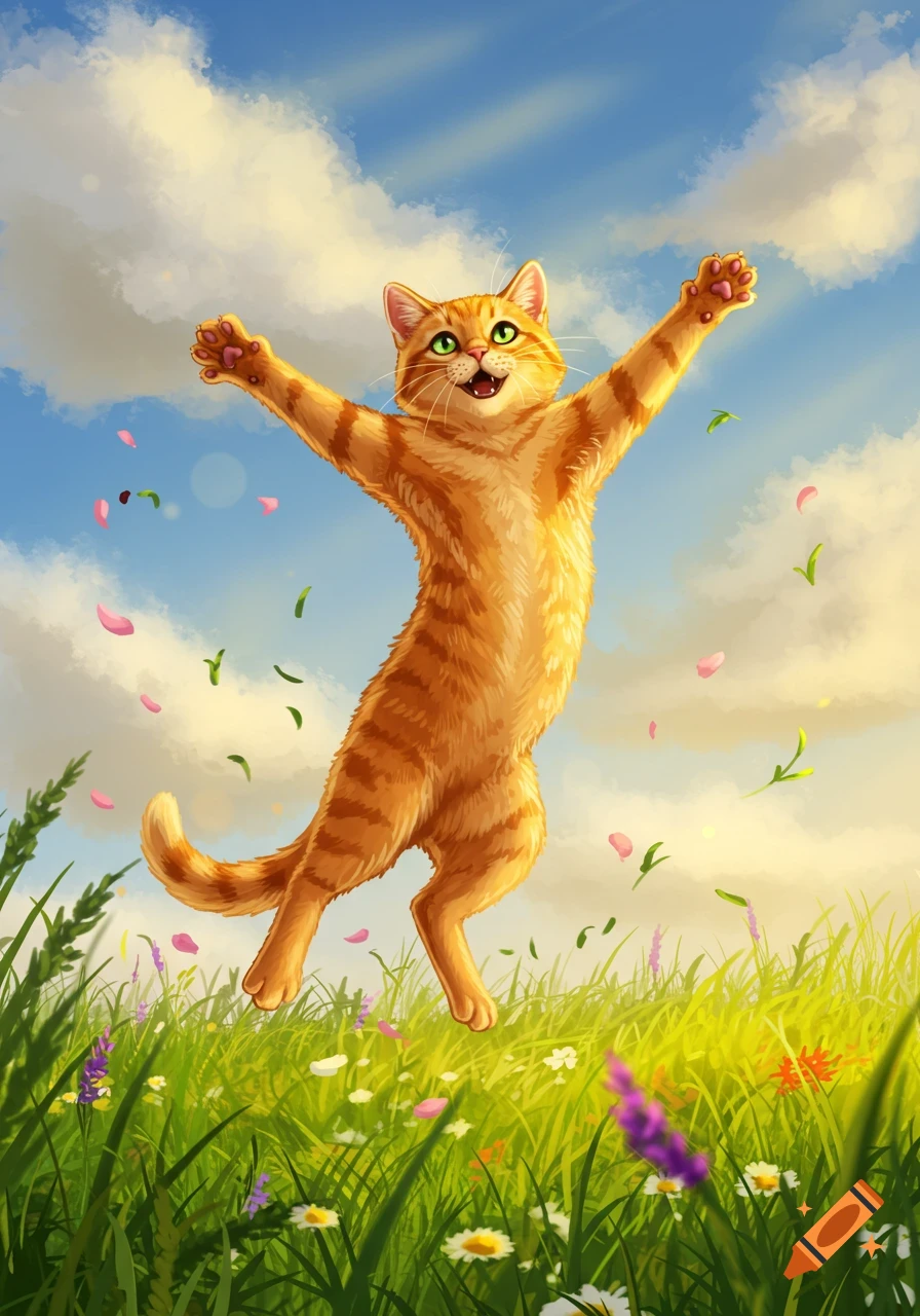 A joyful orange tabby cat leaps with outstretched paws in a sunlit green field with flowers and falling petals.