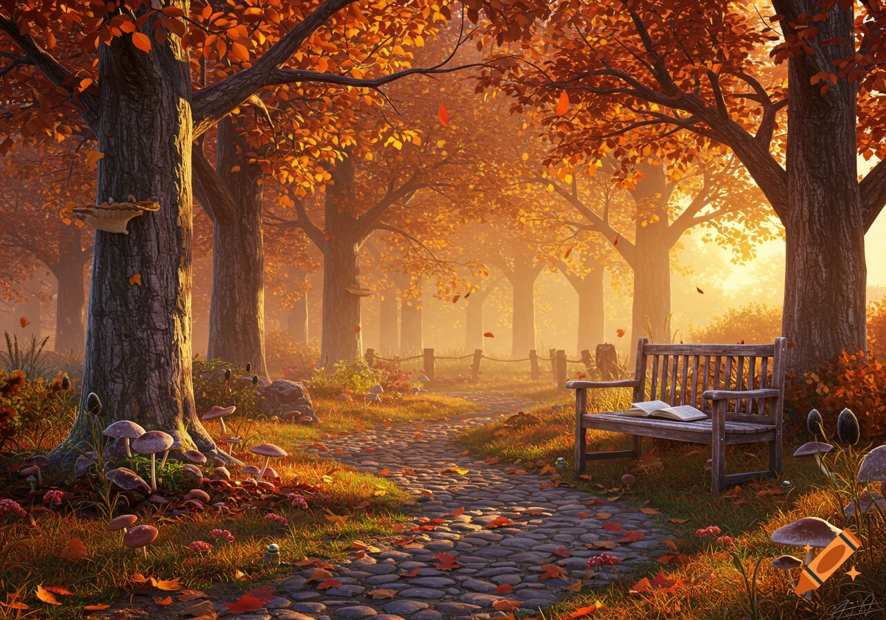 A vibrant autumn forest scene with a cobblestone path, orange-leafed trees, and a wooden bench holding an open book, bathed in golden sunlight.