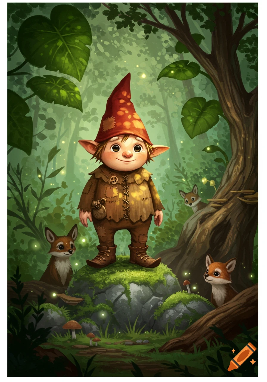 A cute gnome in a red hat stands on a mossy rock in a magical forest, surrounded by three foxes and glowing lights, in an illustration style.