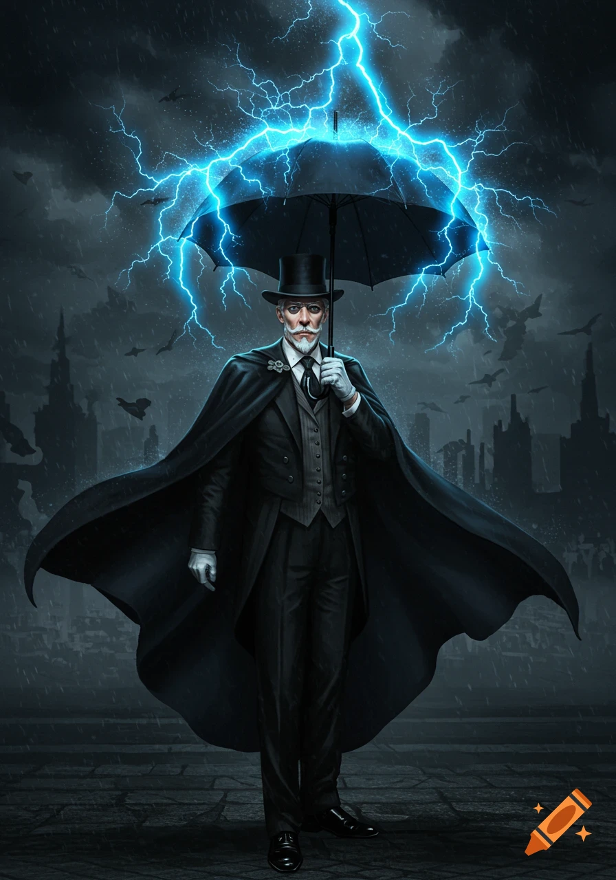 A distinguished man in a top hat, black cape, and tuxedo holds an umbrella amidst a stormy, dark city as blue lightning strikes around him.