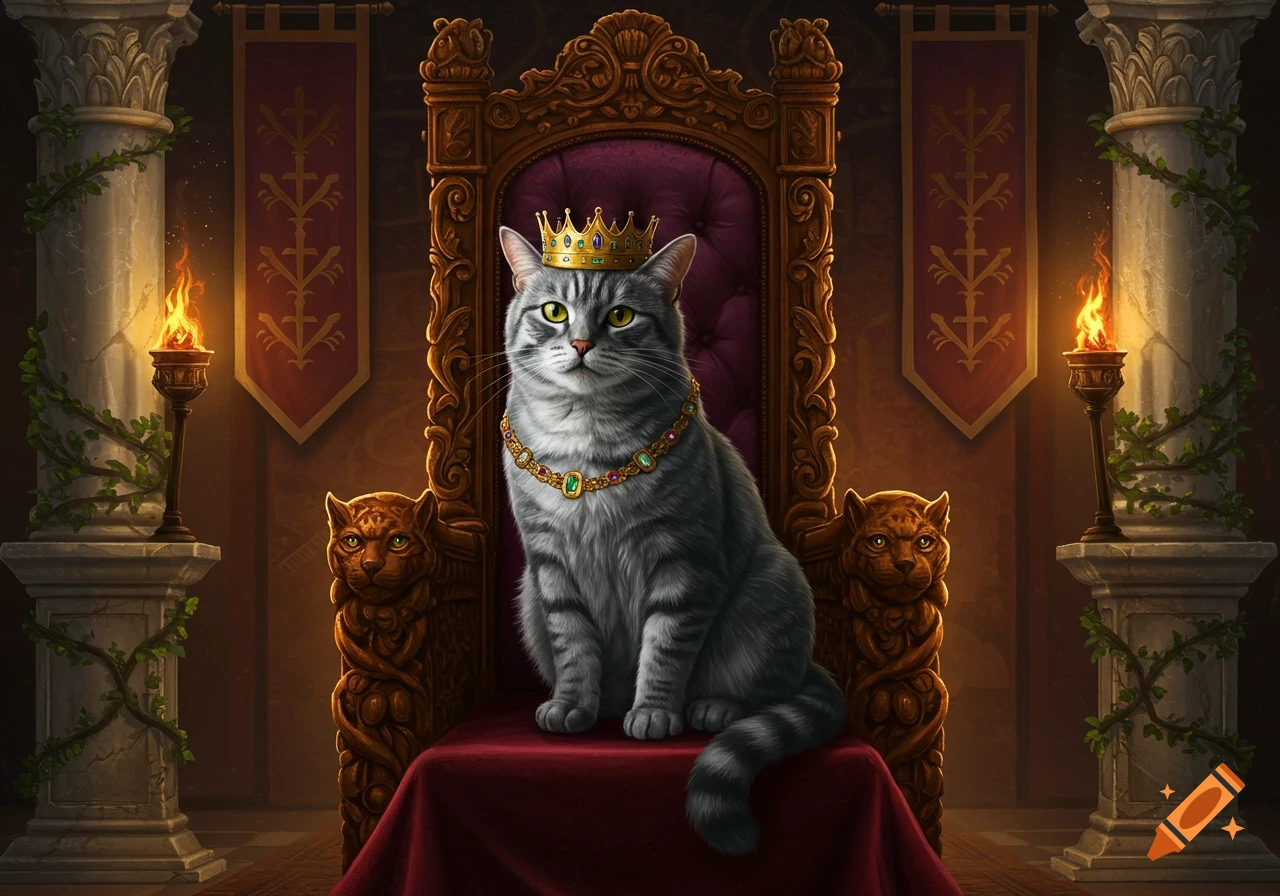 A majestic grey tabby cat wearing a gold crown and emerald necklace, sitting regally on an ornate velvet throne in a grand hall with torches and banners.