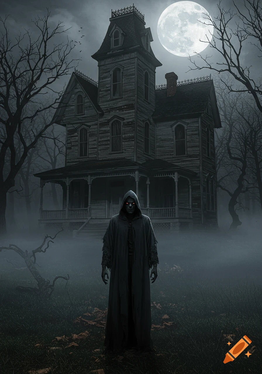 An eerie haunted house on a foggy night, with a hooded figure with glowing red eyes standing in the foreground under a full moon.