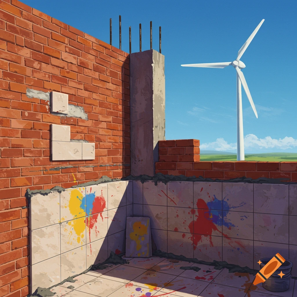 Illustrated corner of a brick wall under construction with paint-splattered tiles, featuring a wind turbine against a blue sky.