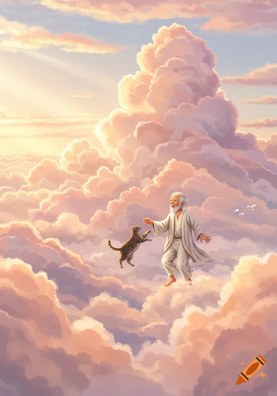 A joyful old man with a beard and a tabby cat float and play among fluffy pink and orange clouds in a sunlit sky.