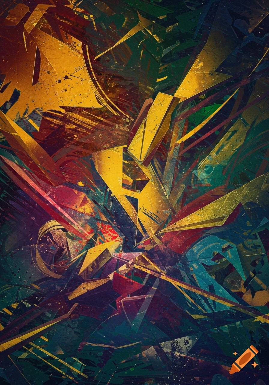 An abstract collage of sharp, overlapping geometric shapes in shades of gold, red, green, and blue, with grunge textures and splatters.