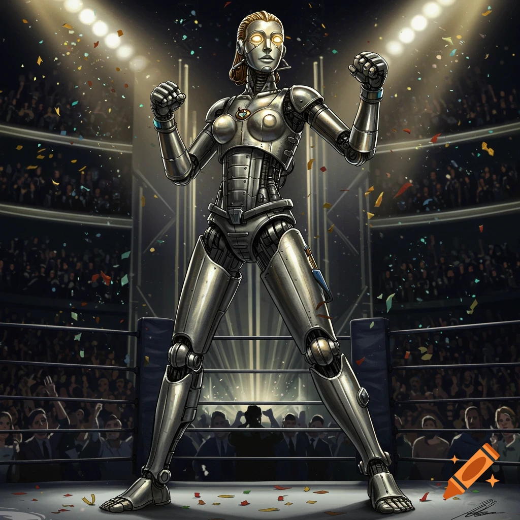 A metallic robot resembling Maria from Metropolis poses in a boxing ring with fists raised, confetti falling, and a cheering crowd.