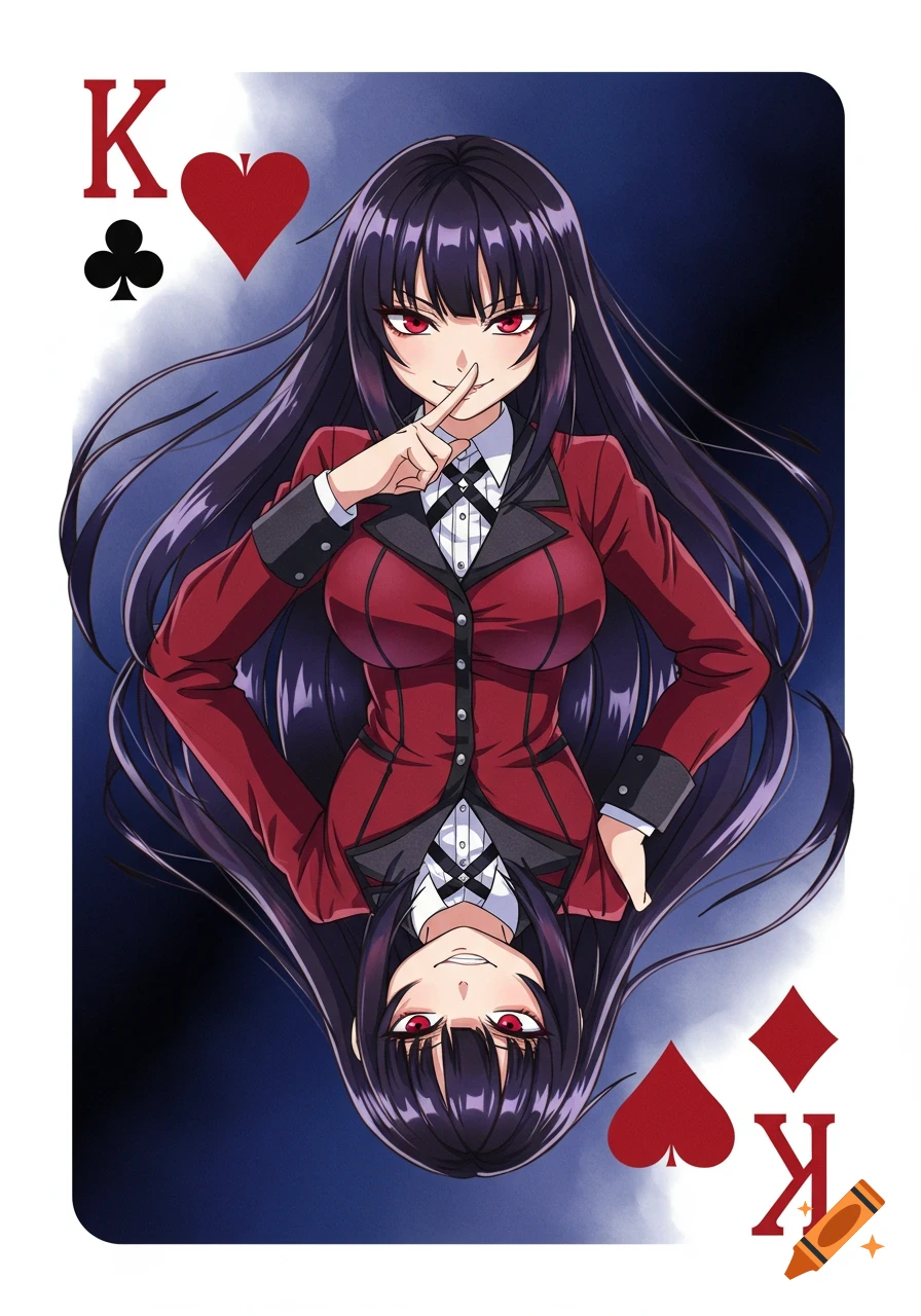 Anime character Yumeko Jabami as a King playing card, making a shushing gesture, with a heart and club symbol in a stylized illustration.