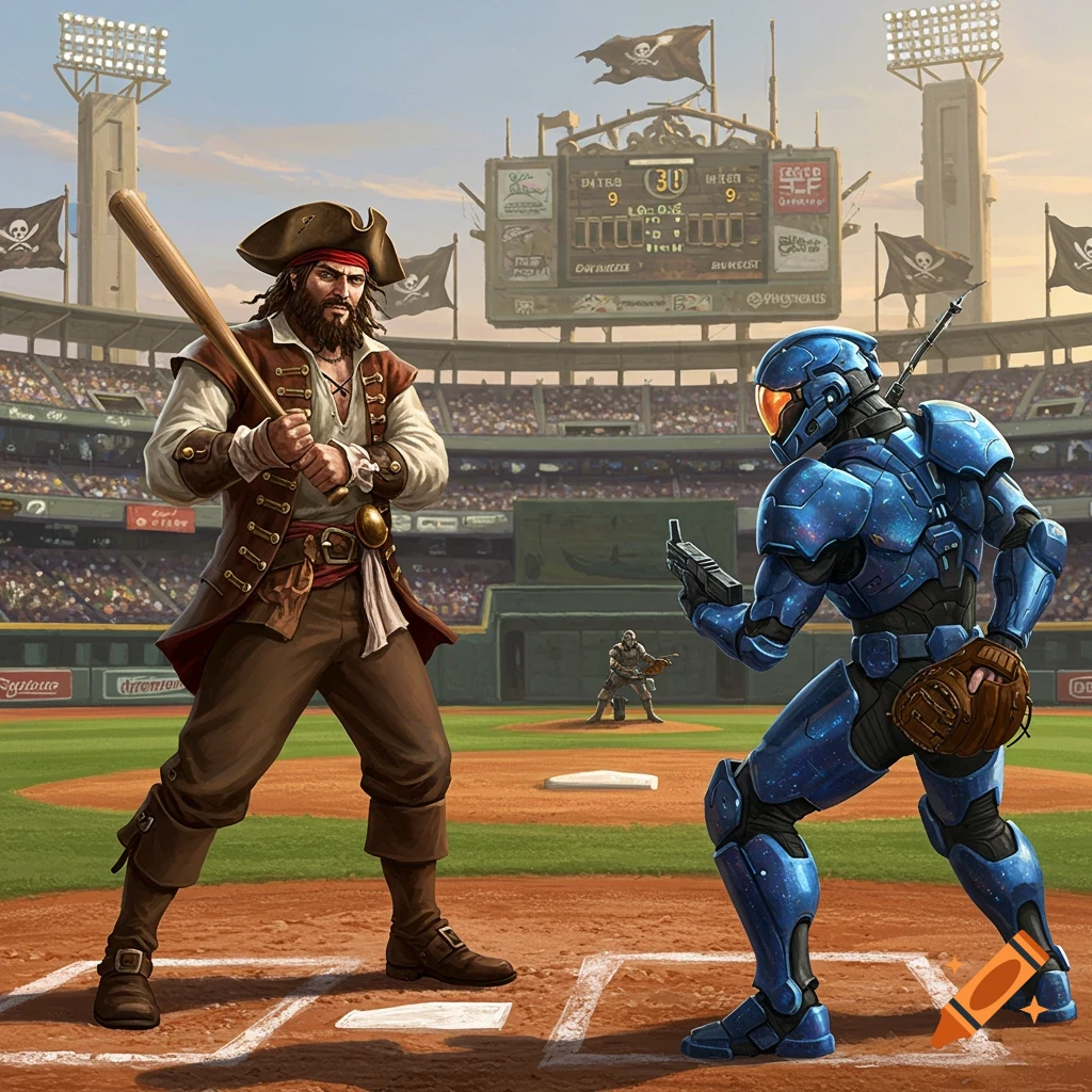 A pirate with a bat faces a blue space marine pitcher on a baseball field with a scoreboard and pirate flags.