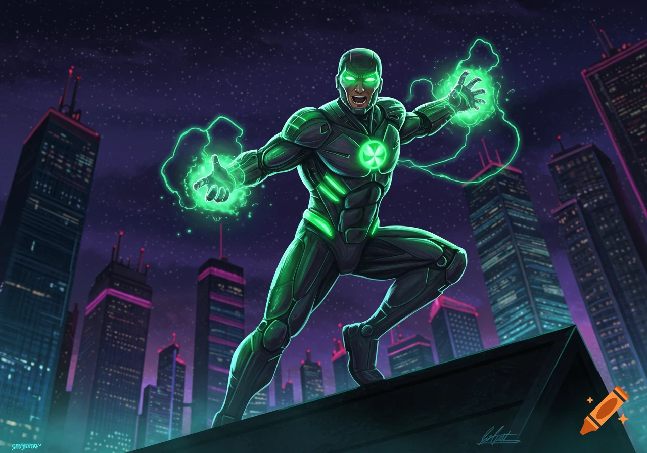 A superhero in a black and green suit with a glowing chest symbol conjures green energy on a city rooftop at night, comic art.