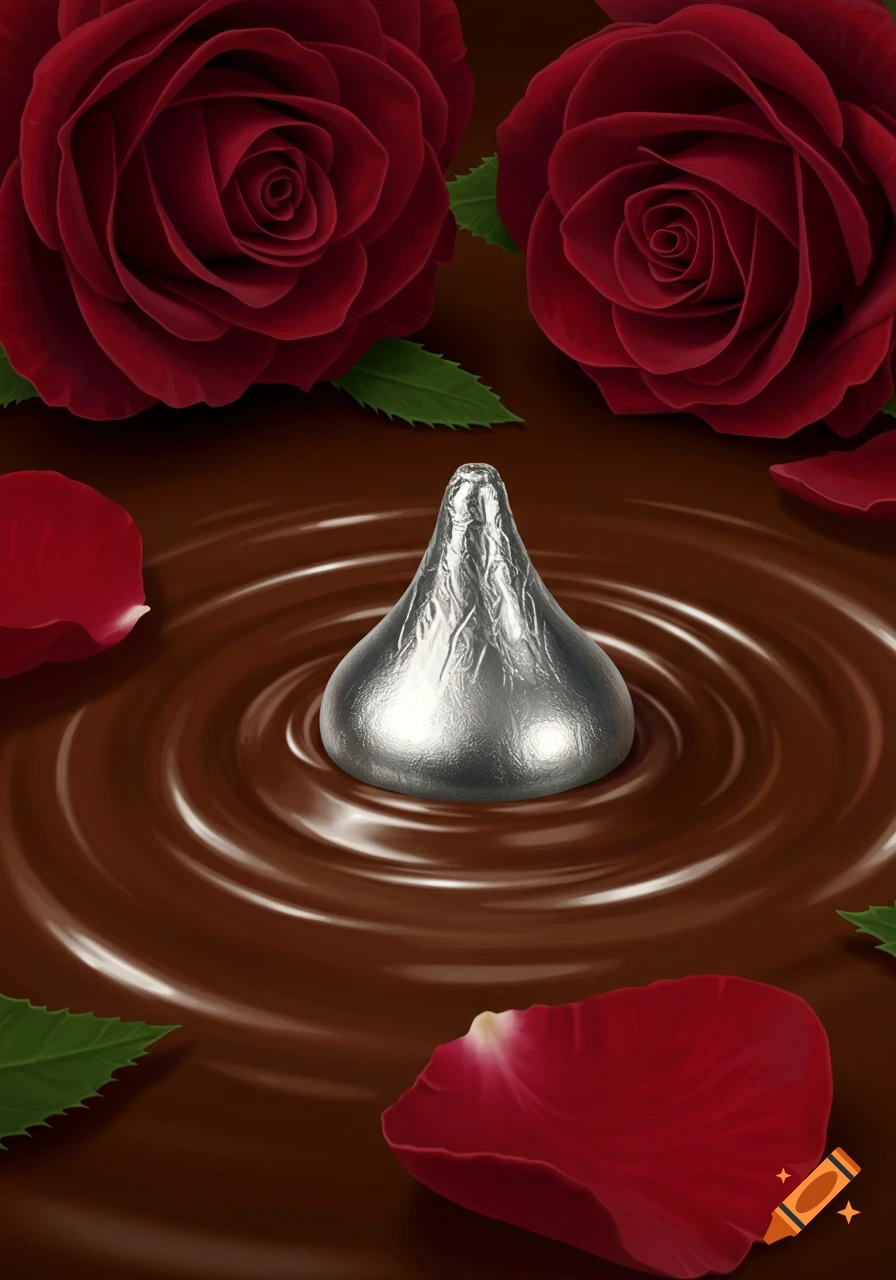 A silver-wrapped Hershey kiss floats in a rich brown pool of chocolate, surrounded by deep red roses and scattered rose petals.
