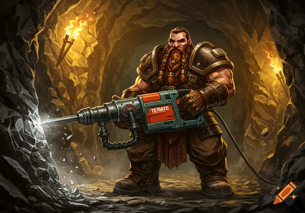 A muscular dwarf with a braided beard operates a jackhammer in a torch-lit mine, breaking rocks.