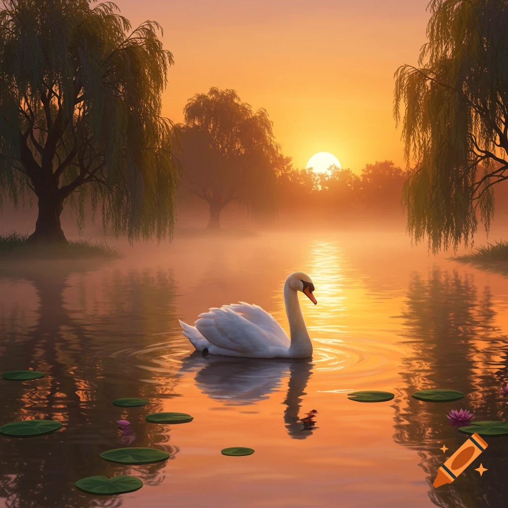 A white swan glides on a serene lake at sunset, surrounded by misty trees and lily pads, with warm orange reflections.