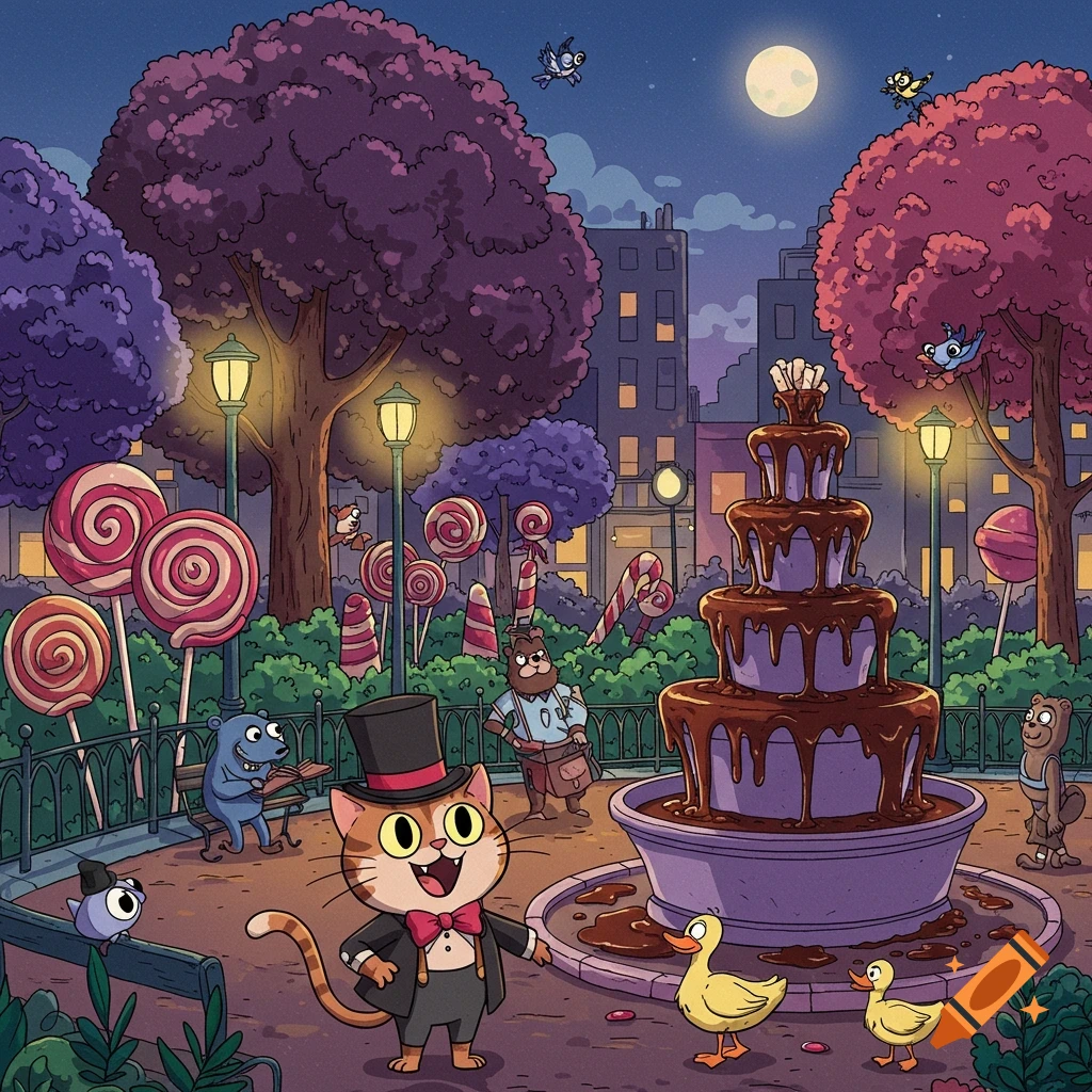 A cartoon cat in a top hat in a whimsical night park with a chocolate fountain, giant lollipops, and ducks.