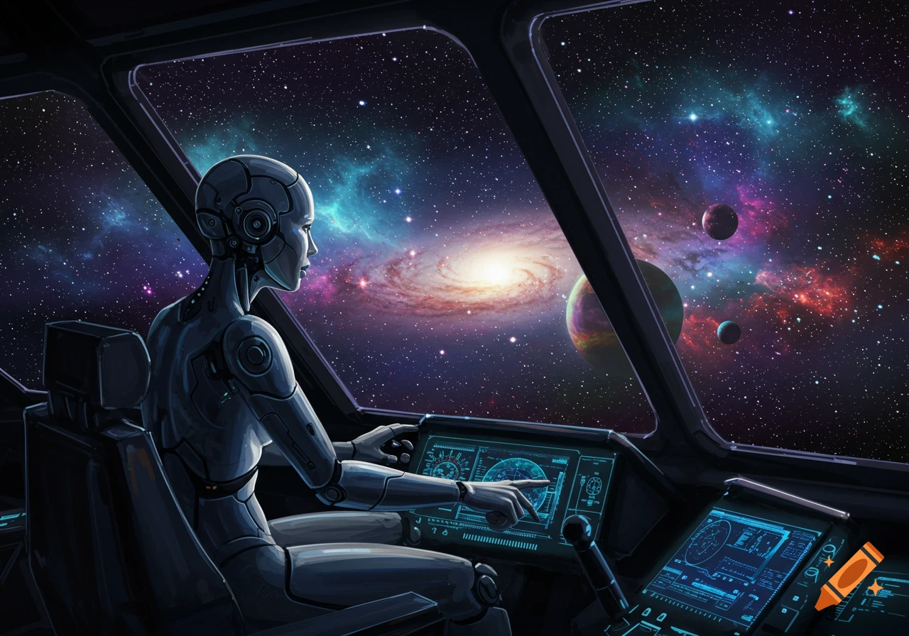 A robotic figure pilots a spaceship, looking out at a vibrant galaxy, planets, and nebulae through the cockpit window.