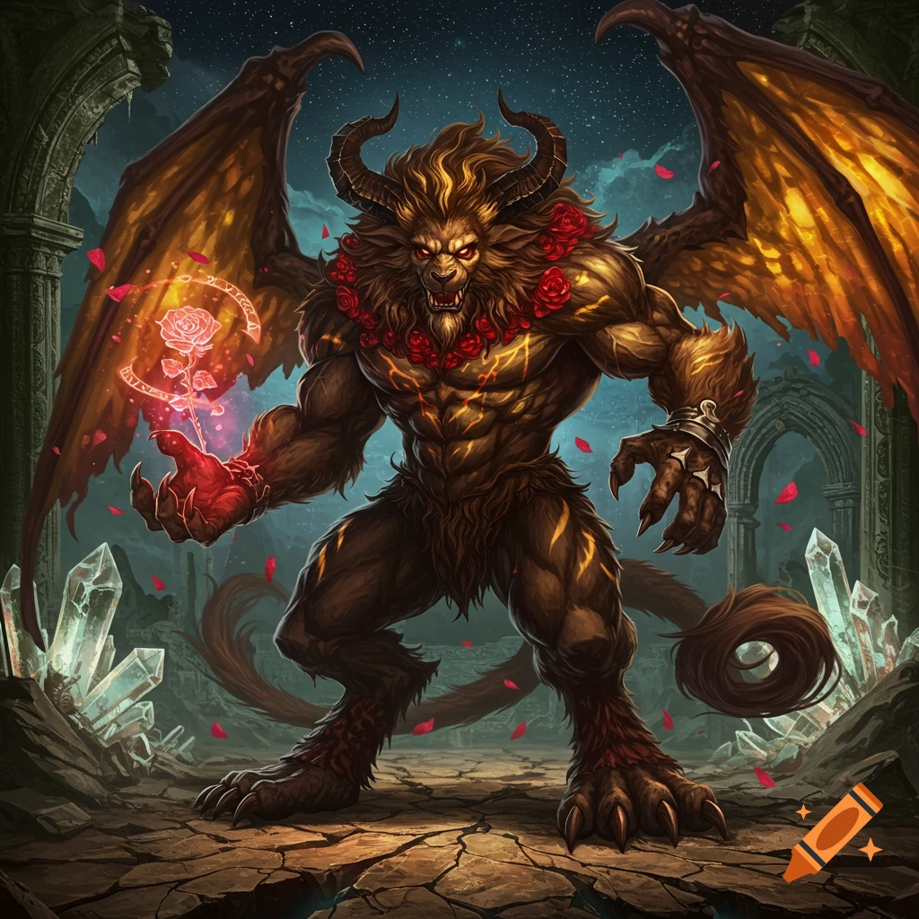 A massive, muscular, horned beast with dragon wings and glowing eyes holds a radiant rose-shaped crystal in ancient ruins under a starry night.