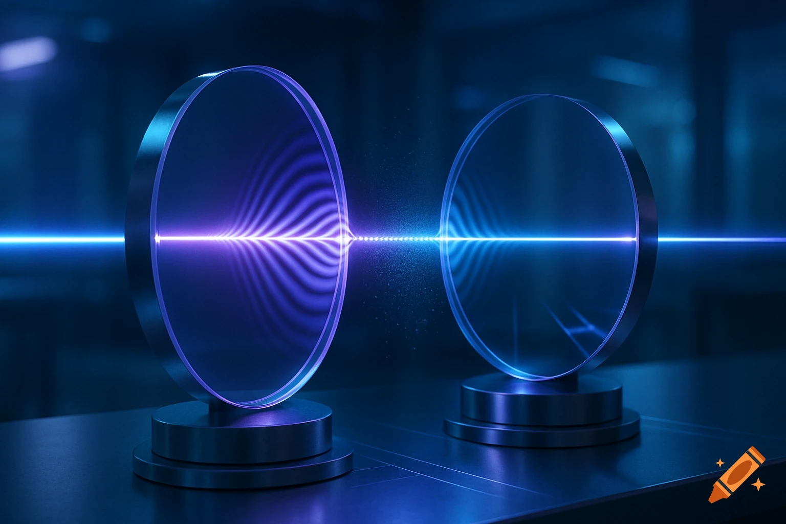 A neon blue and purple laser beam passes through two transparent circular optical cavities, creating wavy interference patterns.