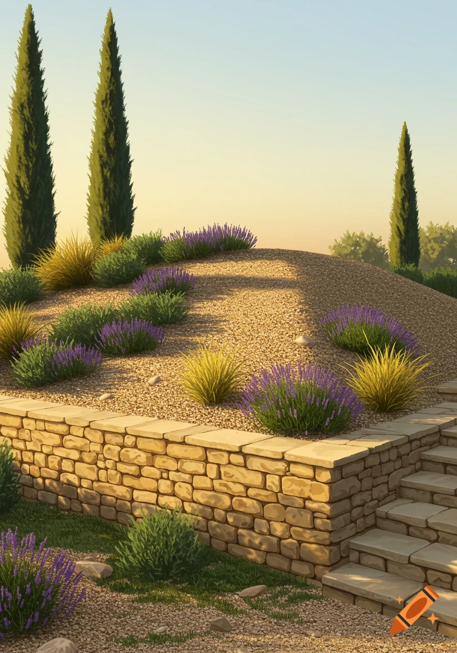 Mediterranean garden with a stone wall, gravel mound, lavender, grasses, and cypress trees under a clear, late afternoon sky, in an illustrative style.