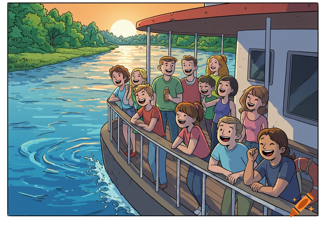 A group of happy people on a boat, looking out at a river with lush trees and a sunset sky in comic art style.