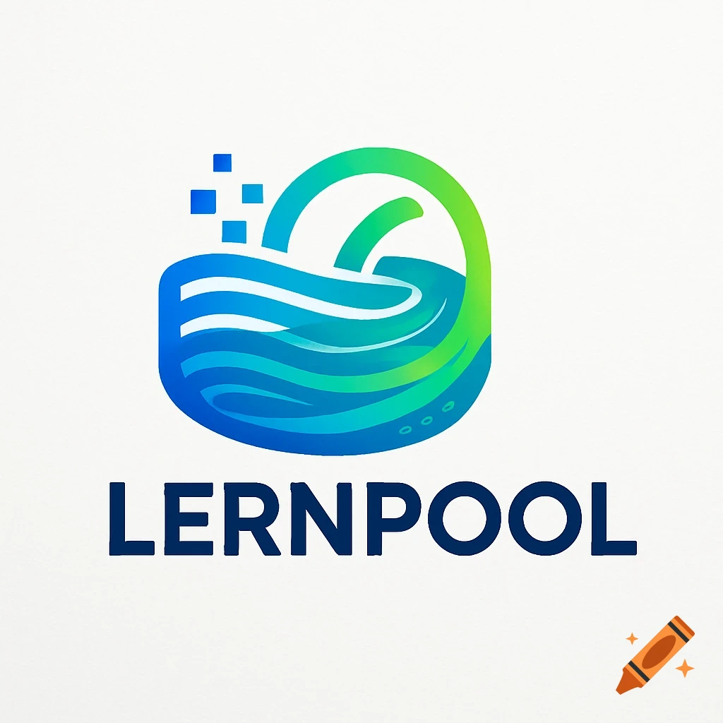 A modern logo for LERNPOOL, featuring a stylized blue and green wave in a basket shape with pixel elements.