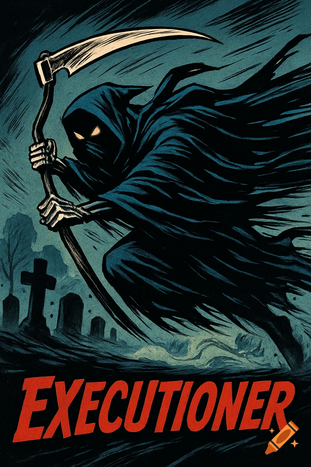 Comic book style illustration of the Grim Reaper with a scythe, dashing through a foggy graveyard. Text reads 'Executioner'.