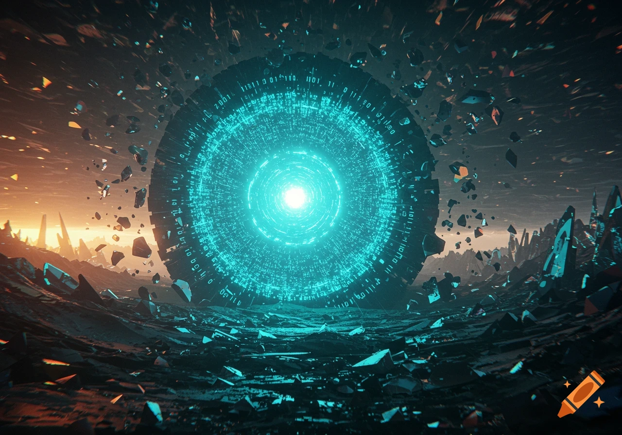 A glowing blue digital portal surrounded by shattered debris on a desolate, otherworldly landscape at sunset.