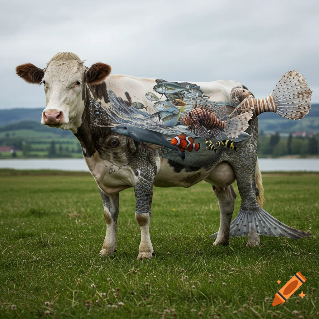 A surreal photorealistic image of a cow in a grassy field, its body partially made of fish, scales, and a fish tail.