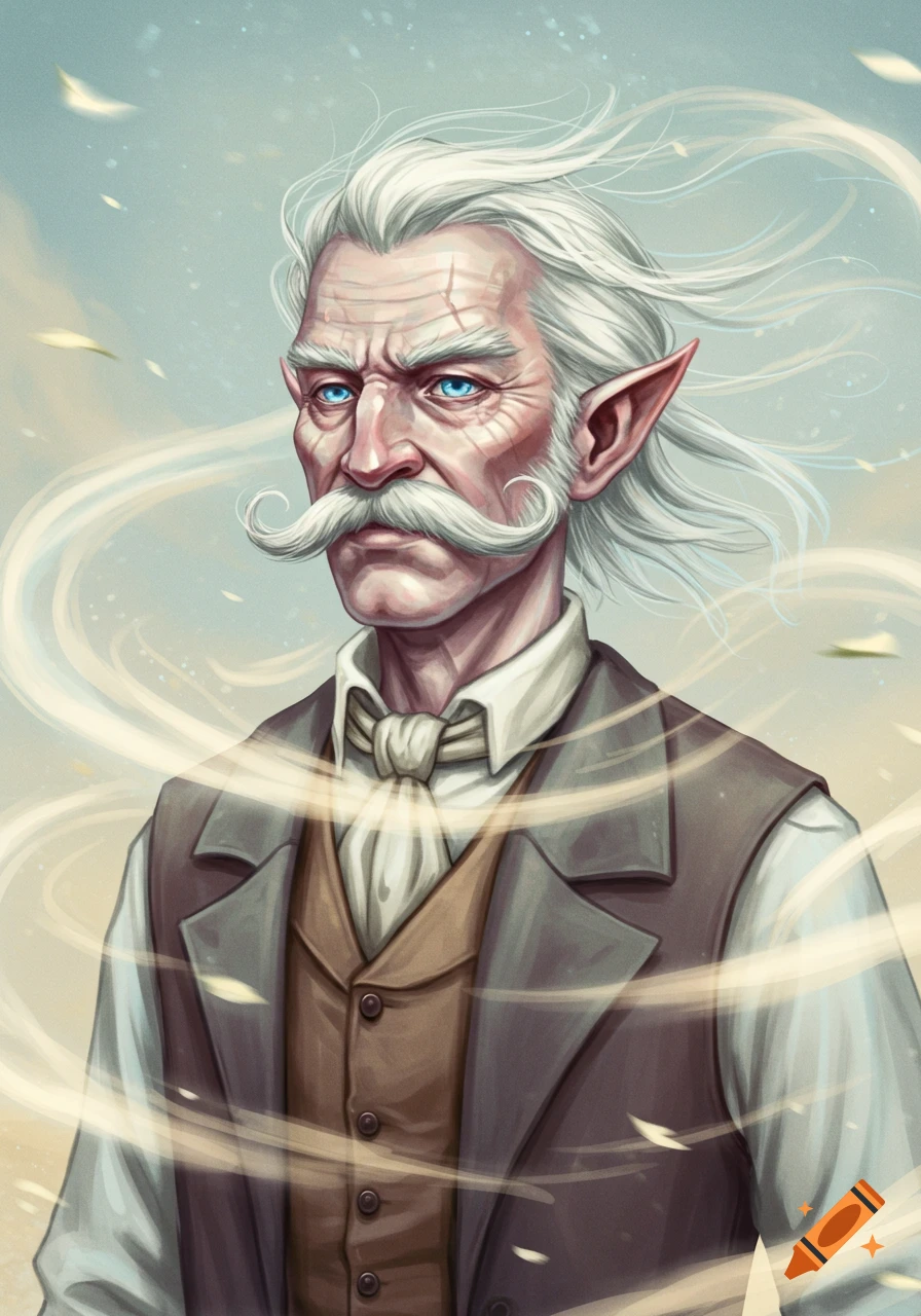 Digital painting of an old air genasi man with white hair, blue eyes, a curled mustache, and pointed ears, wearing a waistcoat, with swirling air around him.