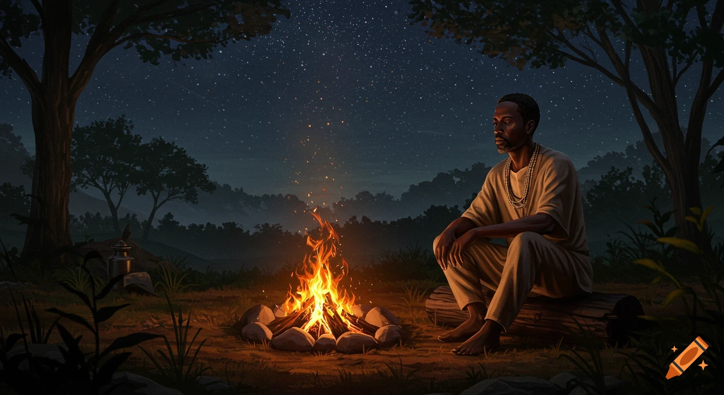 A man sits calmly by a warm campfire under a starry night sky in a serene natural setting, photorealistic style.