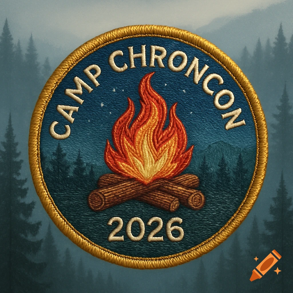 Embroidered round patch for Camp ChronCon 2026 with a campfire, stars, and trees against a blurred forest background.