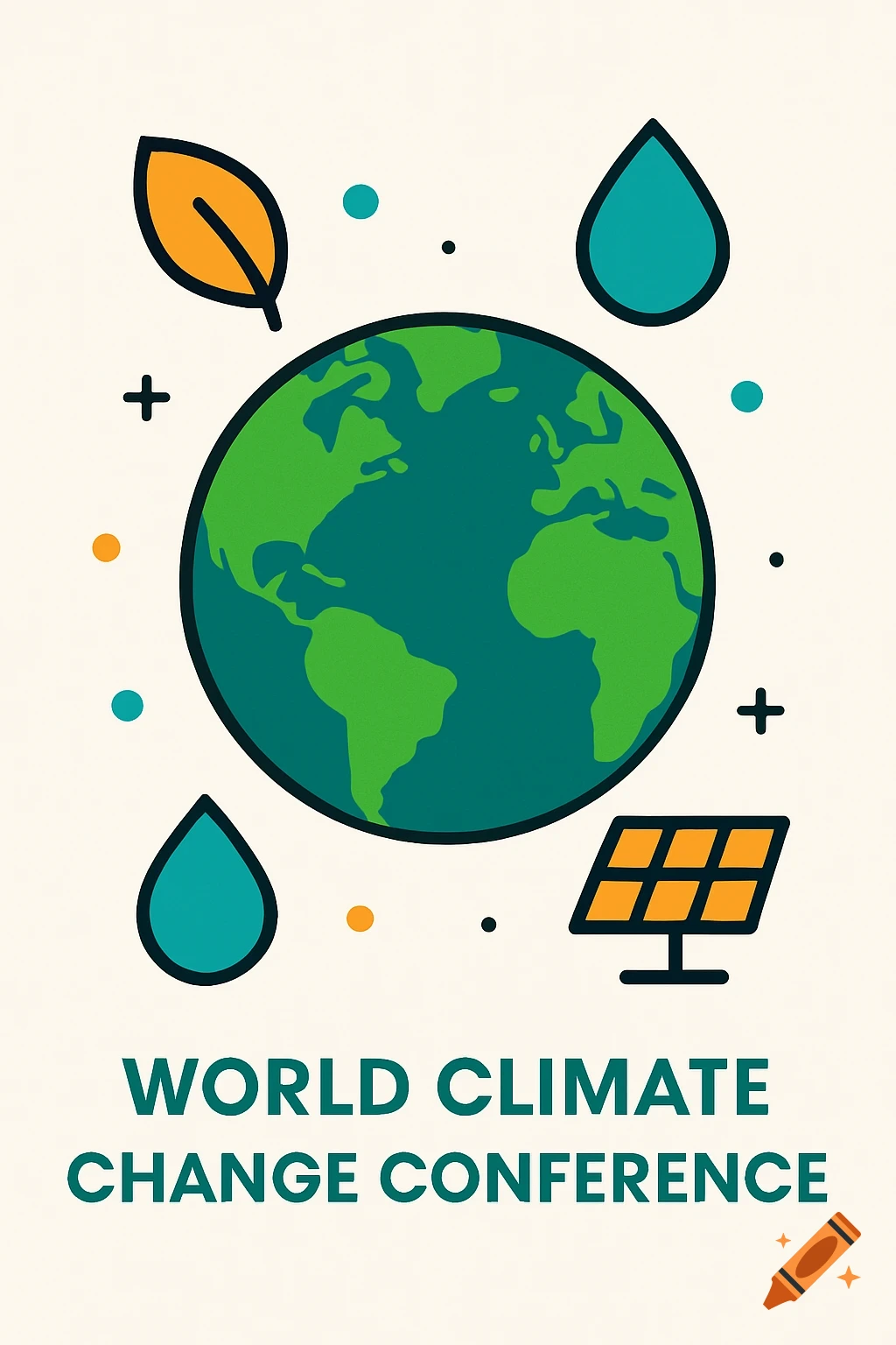 Stylized illustration of Earth with environmental symbols like a leaf, water droplets, and a solar panel, along with text reading 'WORLD CLIMATE CHANGE CONFERENCE'.