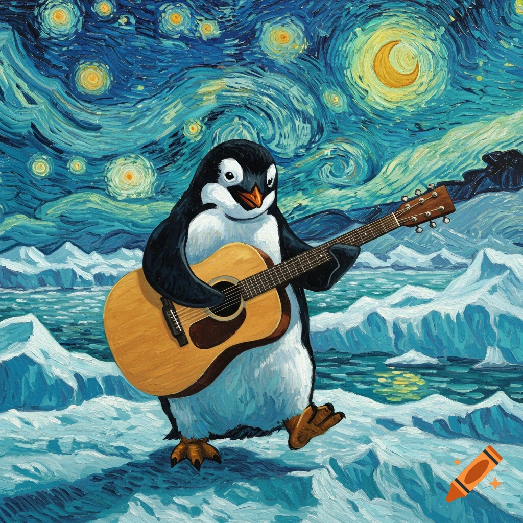 A cartoon penguin plays a guitar on ice under a swirling starry night sky, painted in Van Gogh's style.